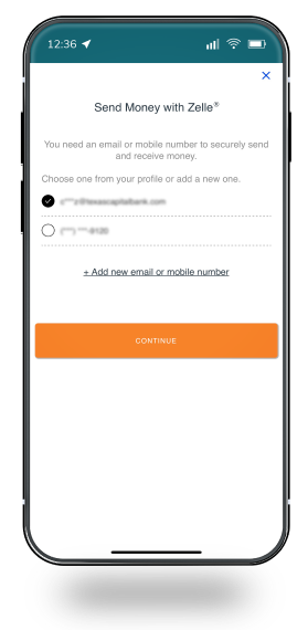 email address selection screen on mobile app