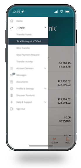 send money with zelle screen on mobile app